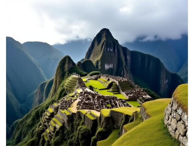 Vue panoramique du Machu Picchu avec montagnes et ciel nuageux